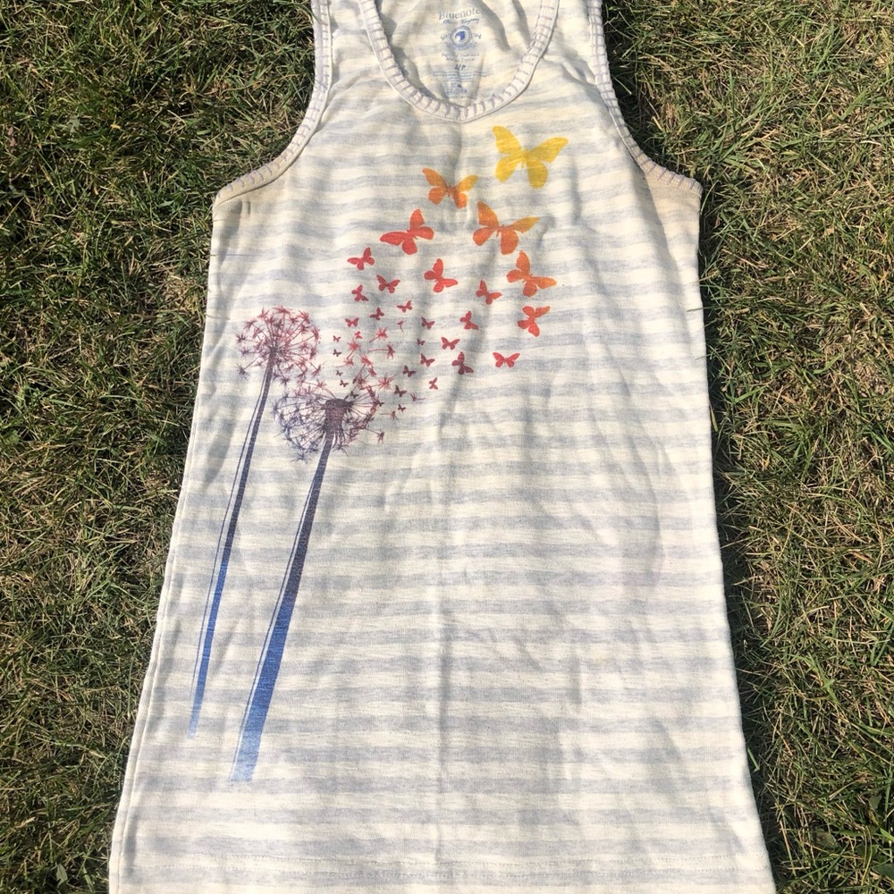 Vintage Bluenotes Gray & White Striped Tank with Butterfly & Dandelion Print